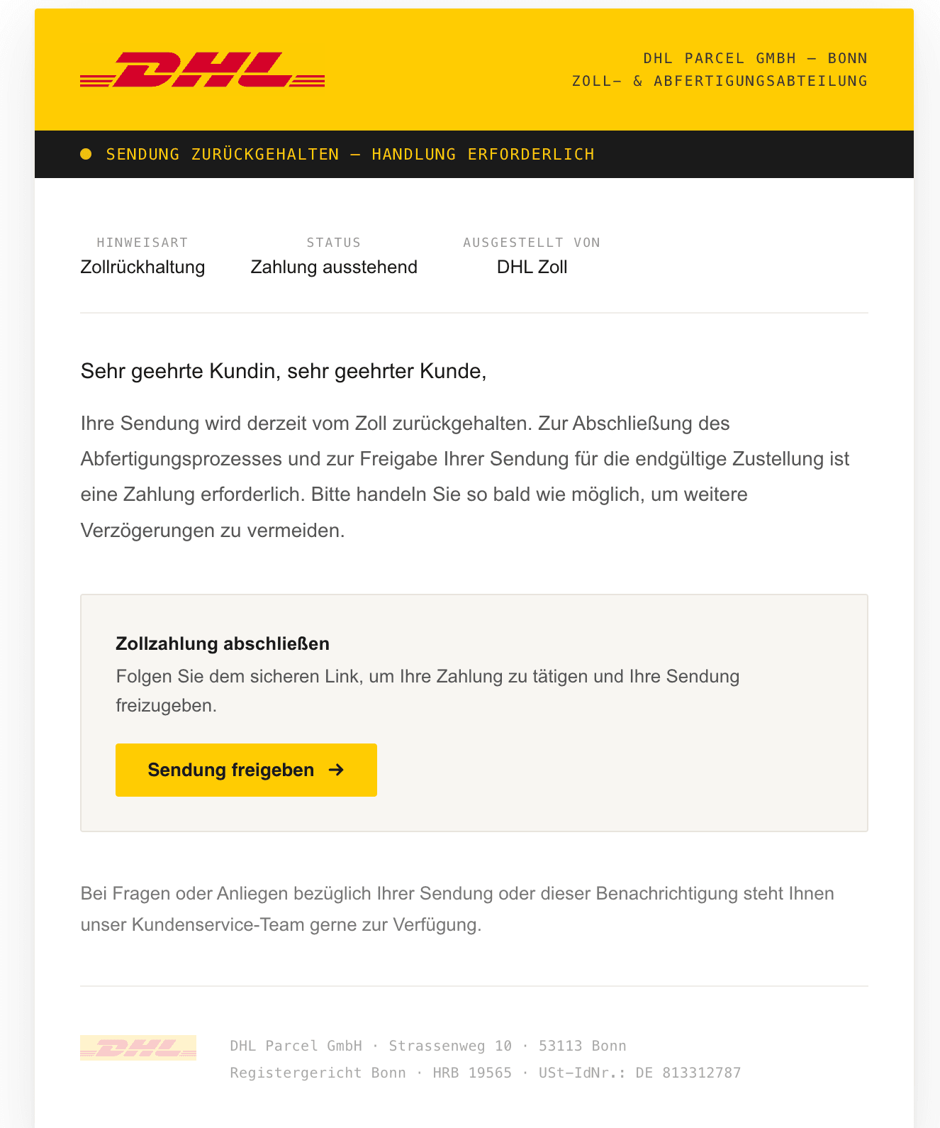 Falsche DHL-Mail „Sendung zurückgehalten": Die Zoll-Zahlungsmasche ist Phishing